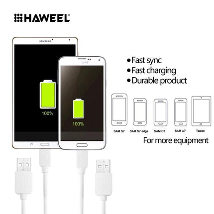 HAWEEL Micro USB Cable for Everyday Device Charging showing phones and tablet charging fast with durable white cable