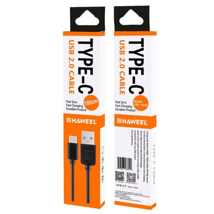 HAWEEL USB-C Cable for Everyday Device Charging and Syncing - product packaging showing black USB-C to USB-A cable in orange white box