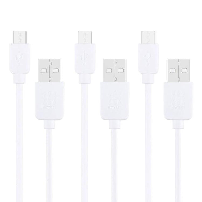 Convenient Cables for Daily Smartphone Charging, 3 Pack - three white USB to micro-USB charging cables with pure copper conductors for reliable daily use