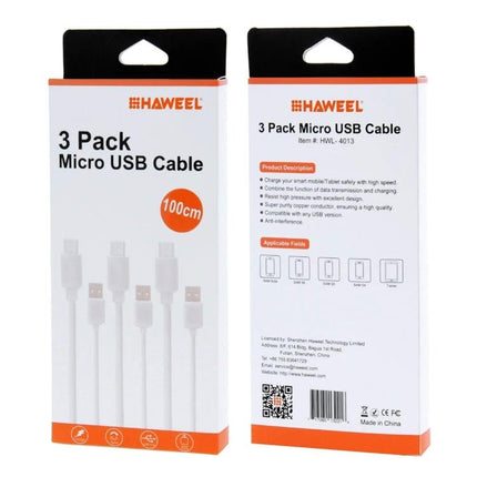 Convenient Cables for Daily Smartphone Charging, 3 Pack - white micro USB charging cables packaged for desk, car, bedside use with pure copper conductors