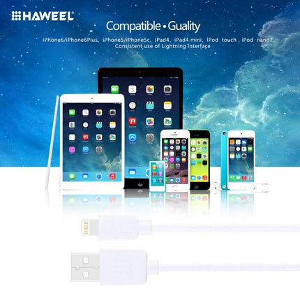 HAWEEL Cables for Daily iPhone and iPad Charging Essentials - white Lightning to USB cable beside iPhone and iPad lineup
