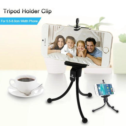HAWEEL Flexible Octopus Tripod for Phones and Cameras showing flexible legs holding a phone for family selfie on uneven surface