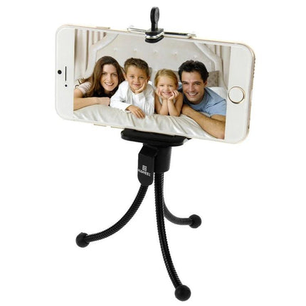 HAWEEL Flexible Octopus Tripod for Phones and Cameras holding a smartphone with a family selfie, flexible legs wrapped for tabletop stability