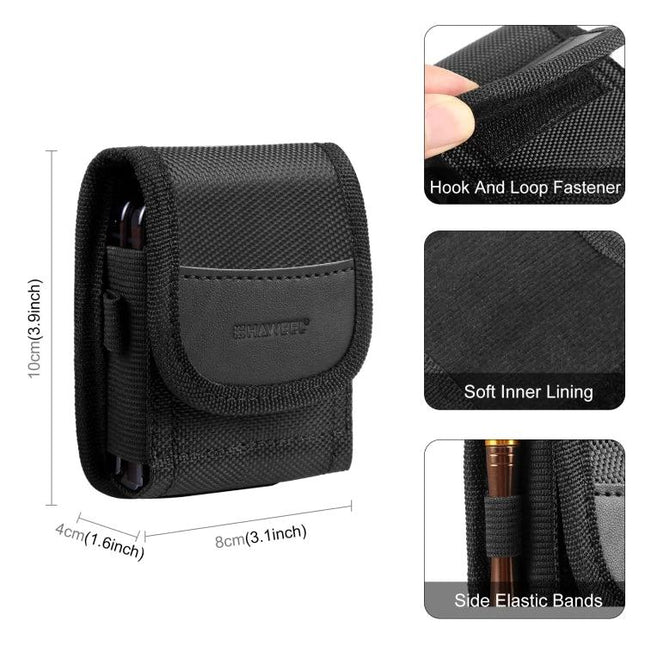 Nylon Belt Clip Pouch for 7.0 Inch Flip Phones for Everyday Carry - black nylon oxford with padded interior, hook and loop fastener, side elastic bands