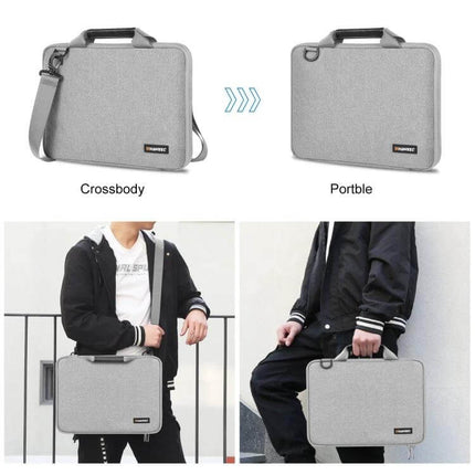 HAWEEL Briefcase Crossbody Laptop Bag for 15-16 Inch Laptops shown in gray, wearable crossbody or portable briefcase with waterproof exterior and soft interior