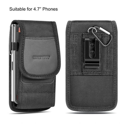 Haweel Vertical 4.7 Inch Nylon Phone Belt Pouch With Card Slot shown front and back, durable nylon oxford case with belt clip and card slot for 4.7" phones