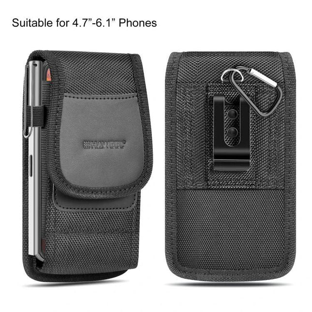 HAWEEL Nylon Belt Clip Pouch For 4.7 to 6.1 Inch Phones showing durable nylon pouch with metal belt clip, carabiner hook, card and pen slots