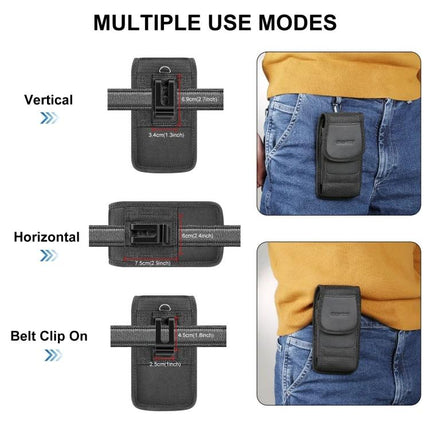 HAWEEL Nylon Belt Clip Pouch For 4.7 to 6.1 Inch Phones showing vertical and horizontal belt clip and carabiner carry options
