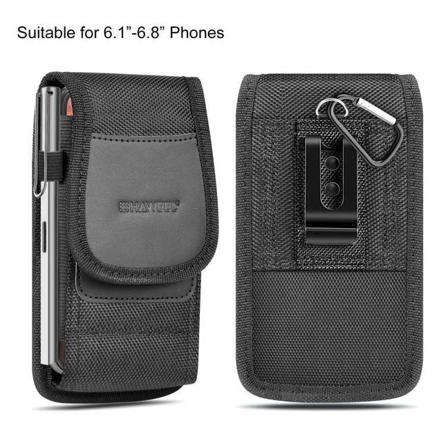 HAWEEL Nylon Belt Clip Pouch for 6.1 to 6.8 Inch Phones black nylon oxford case with belt clip and carabiner, cushioned interior, fits 6.1–6.8" phones