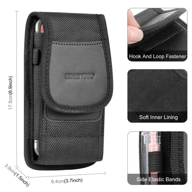 HAWEEL Nylon Belt Clip Pouch for 6.1 to 6.8 Inch Phones black nylon oxford case with hook and loop fastener, soft inner lining and side elastic bands