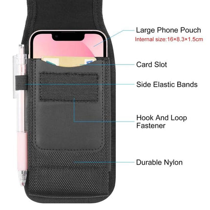 HAWEEL Nylon Belt Clip Pouch for 6.1 to 6.8 Inch Phones showing large phone pouch, card slot, side elastic bands, hook and loop fastener, durable nylon
