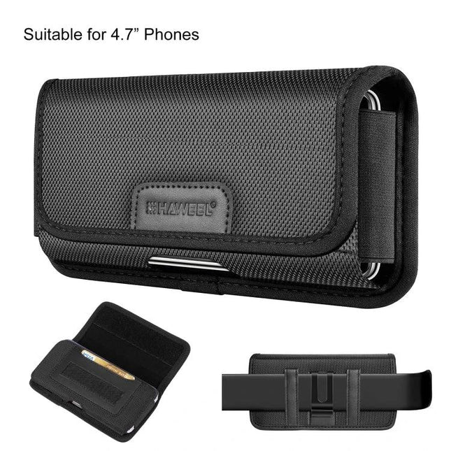 Haweel 4.7-Inch Horizontal Phone Belt Pouch Card Slot - durable black nylon oxford belt case with card slot, fits 4.7" phones for hiking, cycling, work