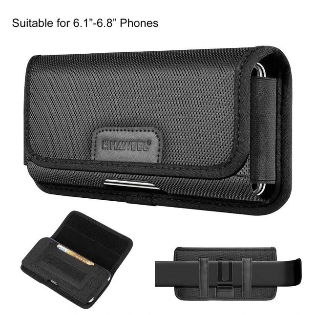 HAWEEL Horizontal Nylon Phone Pouch With Belt Clip For On-The-Go Convenience Fits 6.1-6.8 Inch Phones - black horizontal belt pouch with soft interior