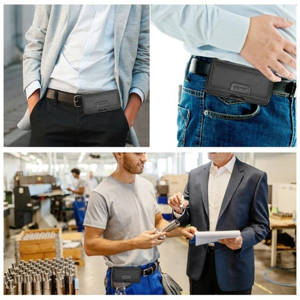 HAWEEL Horizontal Nylon Phone Pouch With Belt Clip For On-The-Go Convenience Fits 6.1-6.8 Inch Phones shown worn on belts at work and casual settings