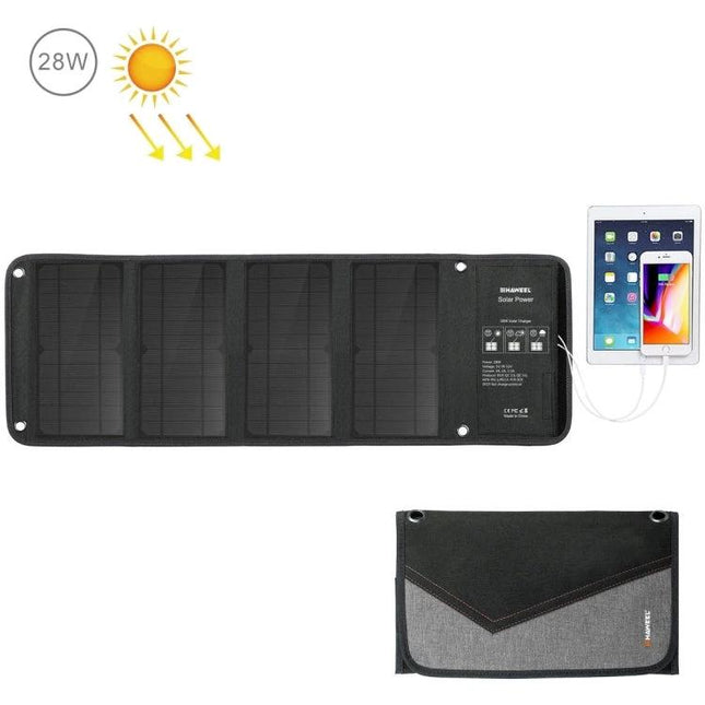 HAWEEL Foldable Solar Charger for On-the-Go Device Powering — 28W foldable solar panel charging tablet and smartphone outdoors