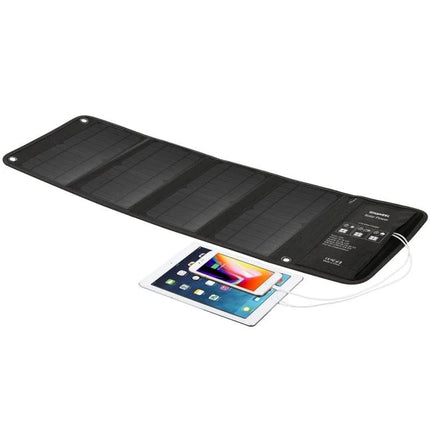 HAWEEL Foldable Solar Charger for On-the-Go Device Powering charging a tablet outdoors with foldable SunPower panels