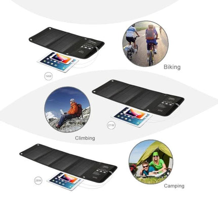 HAWEEL Foldable Solar Charger for On-the-Go Device Powering showing panels charging devices during biking, climbing and camping outdoors