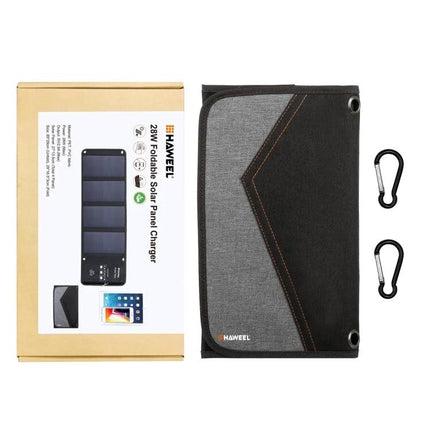 HAWEEL Foldable Solar Charger for On-the-Go Device Powering folded gray charger with box and carabiners for camping and hiking