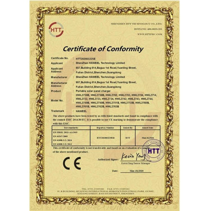 HAWEEL Foldable Solar Charger for On-the-Go Device Powering certificate showing CE compliance and manufacturer details