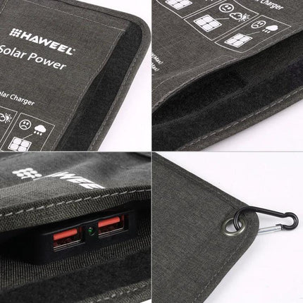 HAWEEL Foldable Solar Charger for On-the-Go Device Powering showing folded fabric panels, USB ports, and carabiner corner attachment