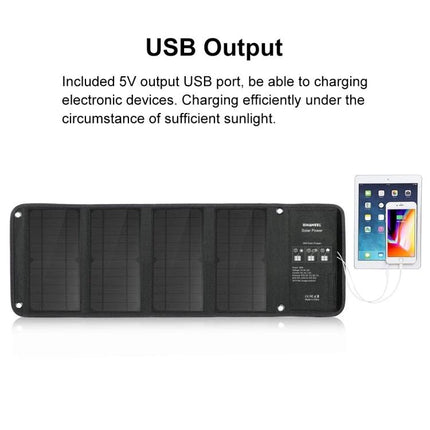 HAWEEL Foldable Solar Charger for On-the-Go Device Powering showing USB output charging a tablet and smartphone in sunlight
