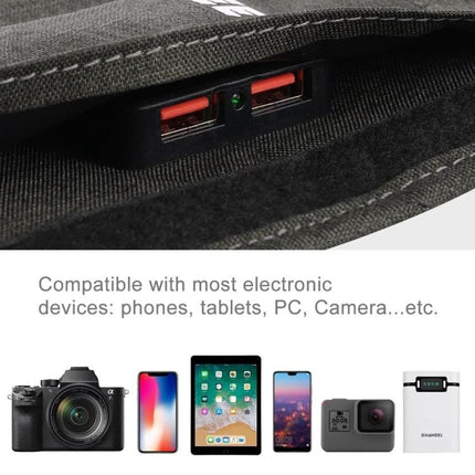 HAWEEL Foldable Solar Charger for On-the-Go Device Powering showing USB ports and compatible devices (phones, tablets, camera)