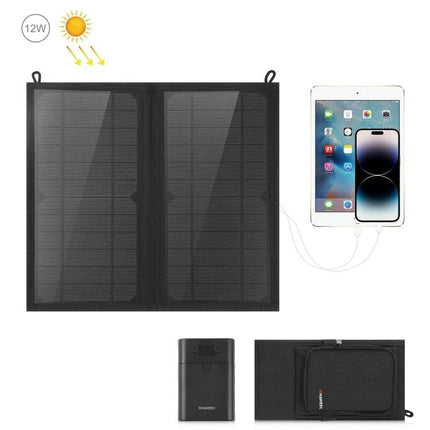 HAWEEL Foldable Solar Charger Bag for Portable Device Powering charging smartphone and tablet via USB outdoors, unfolded solar panel and portable power bank