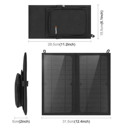 HAWEEL Foldable Solar Charger Bag for Portable Device Powering - compact foldable solar panel with pouch and dimensions shown