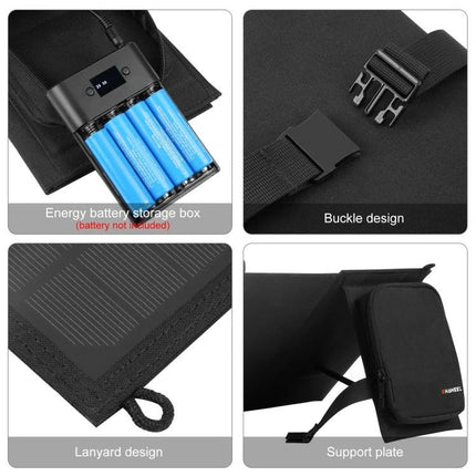 HAWEEL Foldable Solar Charger Bag for Portable Device Powering showing battery storage box, buckle, lanyard design and support plate