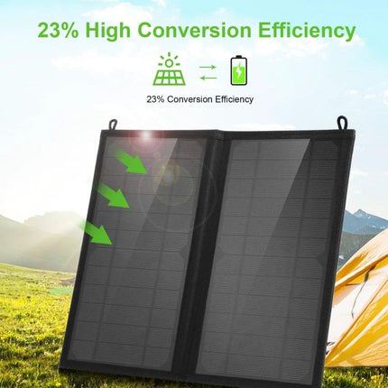 HAWEEL Foldable Solar Charger Bag for Portable Device Powering shown unfolded in a sunny campsite charging devices via USB with 23% efficiency