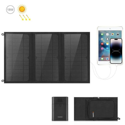 HAWEEL Foldable Solar Charger for Portable Device Powering shown unfolded charging a tablet and smartphone with foldable solar panel and carrying pouch