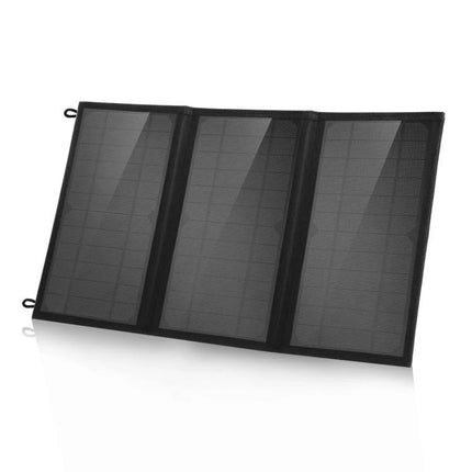 HAWEEL Foldable Solar Charger for Portable Device Powering — black three-panel foldable solar charger for camping and hiking, USB 5V device charging