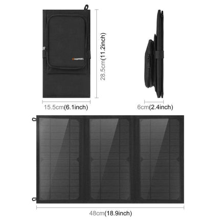 HAWEEL Foldable Solar Charger for Portable Device Powering showing folded and unfolded black tri-panel solar charger with dimensions