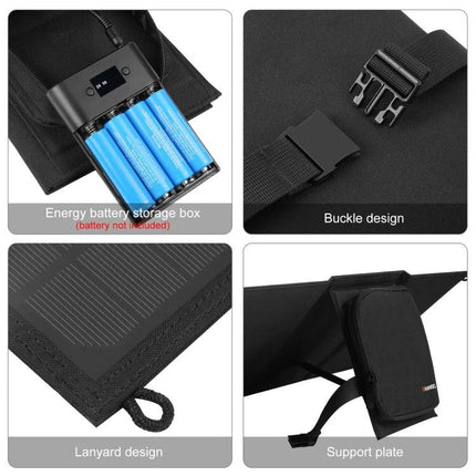 HAWEEL Foldable Solar Charger for Portable Device Powering showing battery storage box, buckle, lanyard loop and support plate in four-panel product detail image