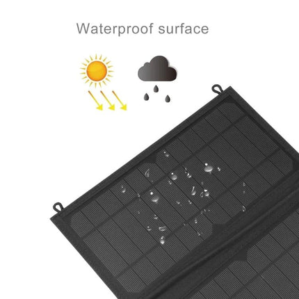 HAWEEL Foldable Solar Charger for Portable Device Powering showing waterproof foldable solar panel with water droplets and sunlight icon