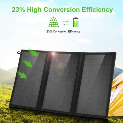 HAWEEL Foldable Solar Charger for Portable Device Powering shown unfolded outdoors with 23% conversion efficiency graphic and green arrows