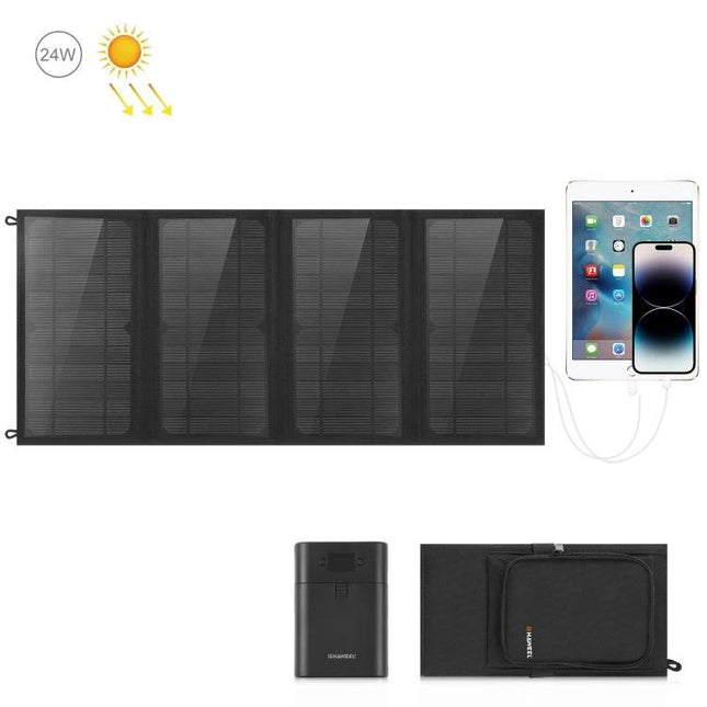 HAWEEL 24W Foldable Solar Charger for Portable Devices charging smartphone and tablet on a black foldable solar panel