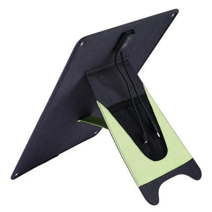 HAWEEL Portable Solar Panel Charger with USB Port for Devices angled rear view showing USB port and foldable kickstand for camping and emergencies