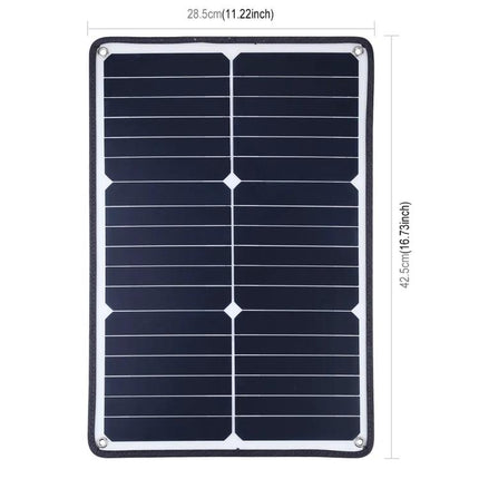HAWEEL Portable Solar Panel Charger with USB Port for Devices shown flat with dimensions for camping and emergency charging