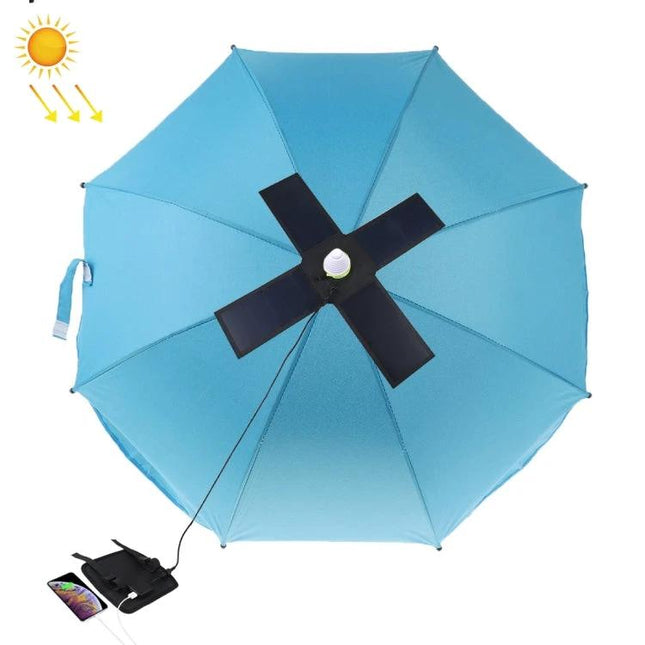 Alt Tag: HAWEEL Foldable Solar Charger for Portable Device Powering charging a smartphone under a beach umbrella using Sunpower panels