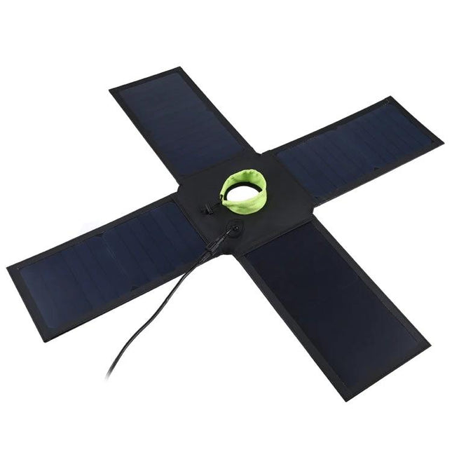 HAWEEL Foldable Solar Charger for Portable Device Powering laid flat with four Sunpower panels and USB cable for hiking camping and travel