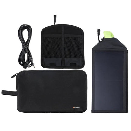 HAWEEL Foldable Solar Charger for Portable Device Powering shown with Sunpower panel, cable, pouch and organizer for hiking and travel