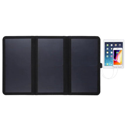 HAWEEL Foldable Ultrathin Solar Panel Charger for Portable Power - three-panel foldable solar charger powering tablet and smartphone via USB