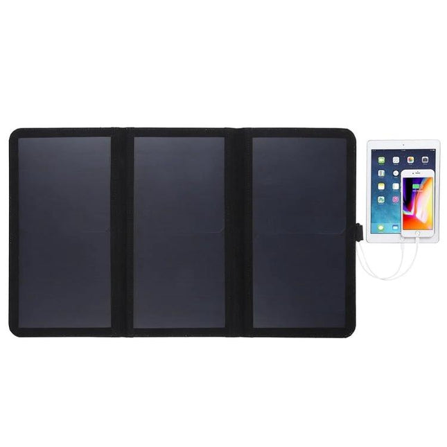 HAWEEL Foldable Ultrathin Solar Panel Charger for Portable Power - three-panel foldable solar charger powering tablet and smartphone via USB