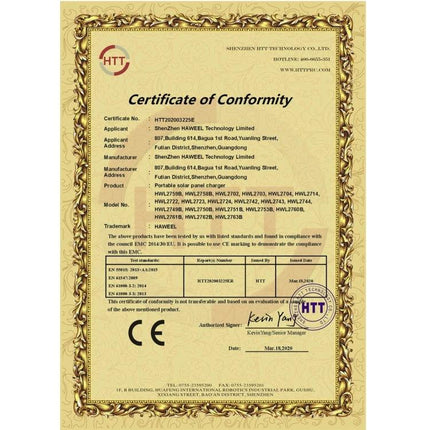 HAWEEL Foldable Ultrathin Solar Panel Charger for Portable Power certificate displayed on parchment-style conformity document
