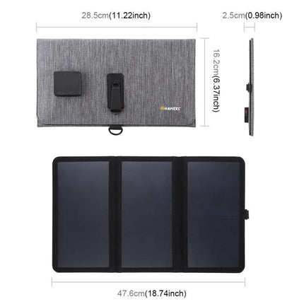HAWEEL Foldable Ultrathin Solar Panel Charger for Portable Power - compact gray foldable solar charger with USB output, dimensions shown for hiking and travel use