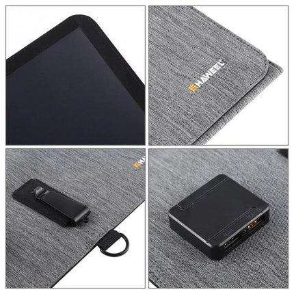 HAWEEL Foldable Ultrathin Solar Panel Charger for Portable Power showing folded grey fabric panels, USB output hub and mounting clip