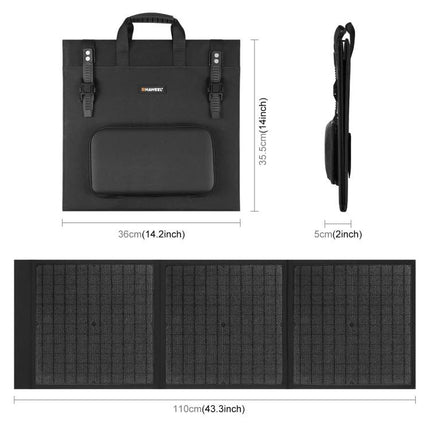 HAWEEL 60W Foldable Solar Panel for Travel Charging showing folded carry case and unfolded solar array with dimensions