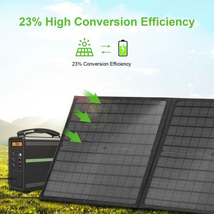 HAWEEL 60W Foldable Solar Panel for Travel Charging showing monocrystalline panels and portable power station with 23% conversion efficiency