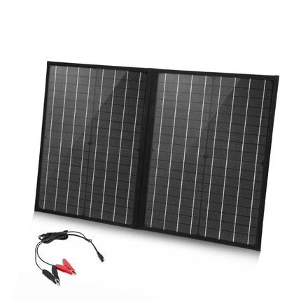 HAWEEL 50W Foldable Solar Charger for Travel and Outdoors showing unfolded dual-panel charger with alligator clip cable for camping and travel